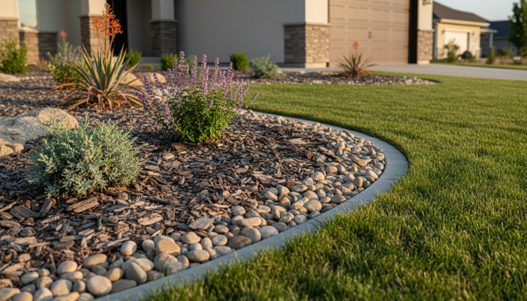 Close-up view of decorative rock and mulch meeting a newly edged lawn in a Treasure Valley front yard.