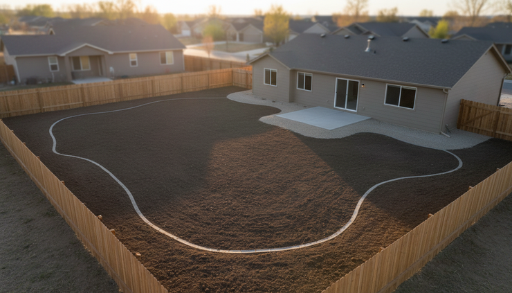 Overhead view of a prepared backyard with defined zones for lawn, planting beds, and a future patio area.