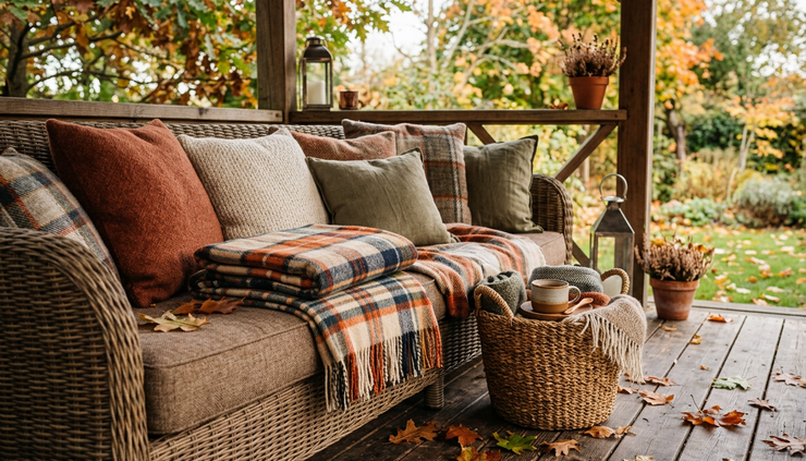 Close-up view of fall blankets and pillows on outdoor gazebo seating.