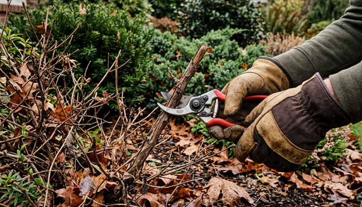 Close-up view of gloved hands pruning a dead branch from a winter shrub in a garden bed.