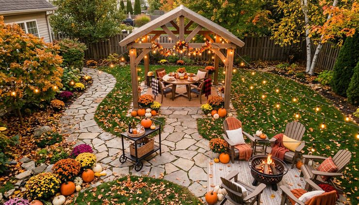 Overhead view of a fall outdoor living space with a gazebo and connected seating areas.