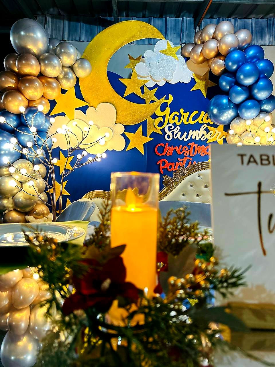 Night sky themed Garcia Slumber Christmas party backdrop