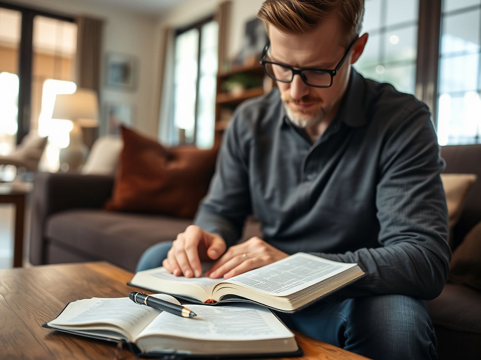 A person with glasses reads his Bible in a cozy living room. An open notebook and pen are on a wooden table, creating a focused atmosphere.