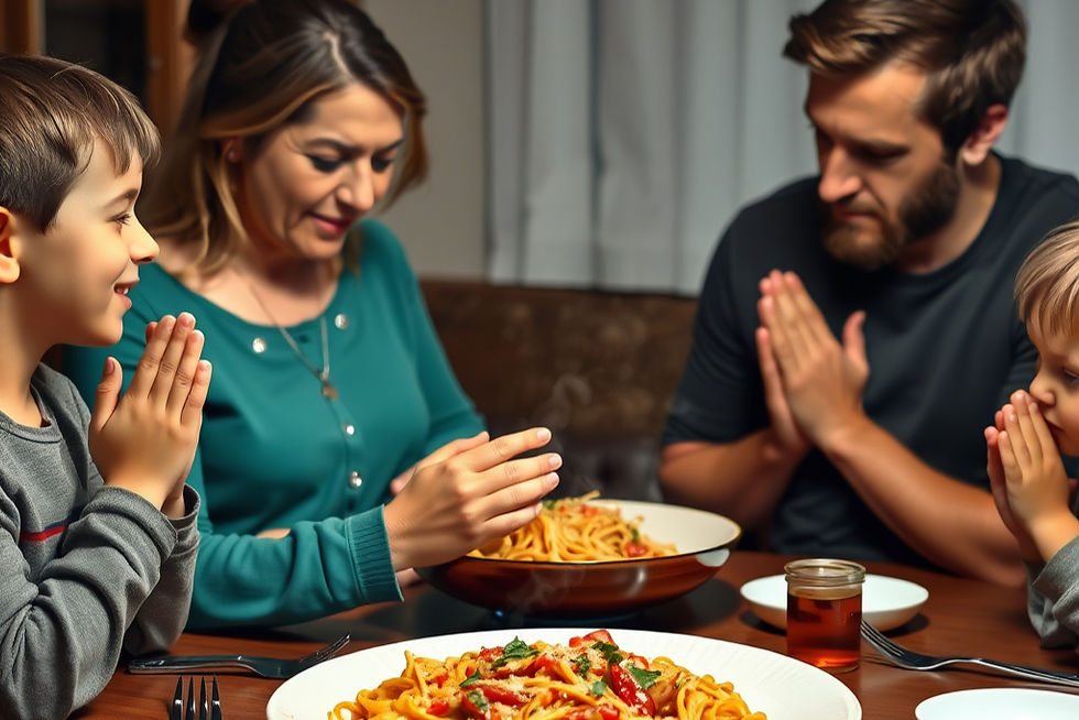 Family sitting down at dinner and praying together.