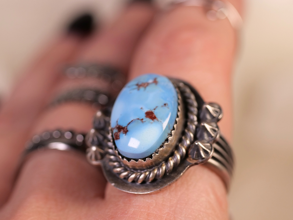 Thumbnail: statement yet comfortable, low profile ring, everyday ring, unique matrix pattern, collectible turquoise