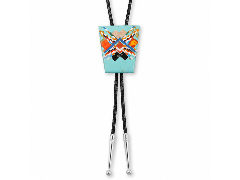 This Bolo features a beautiful inlay design including turquoise, Spiny Oyster, malachite, lapis lazuli, and jasper. Bolo come