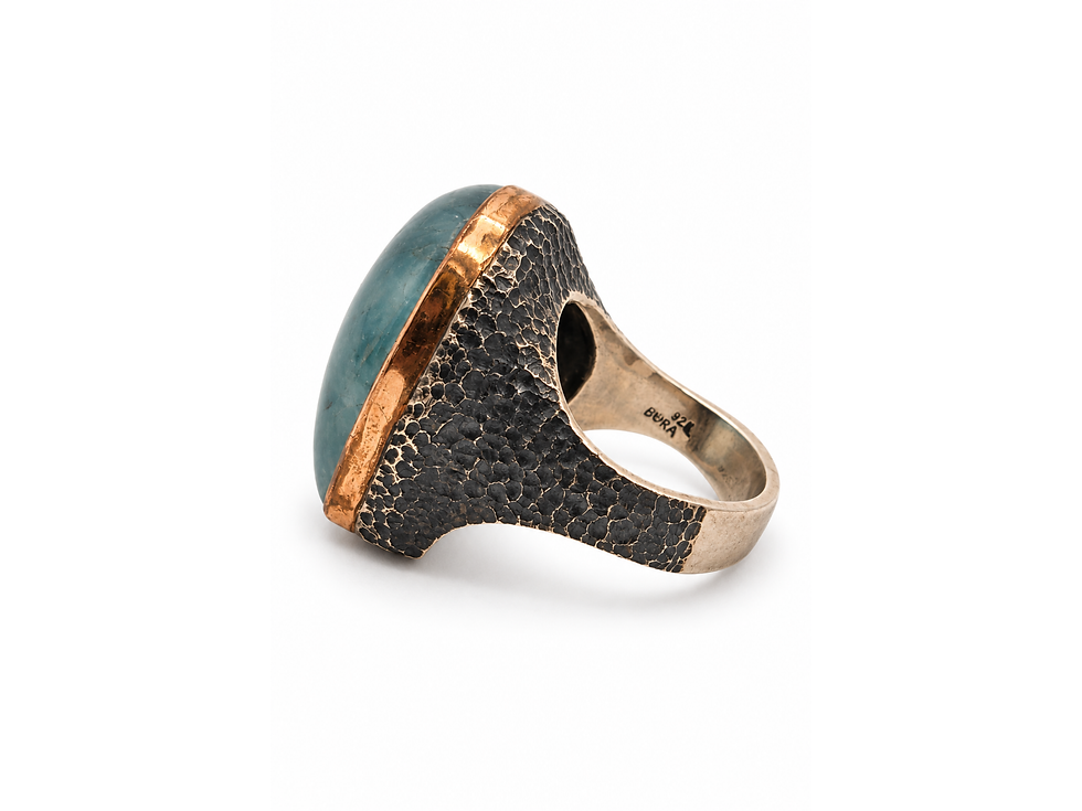 Thumbnail: oversized gemstone ring, darkened silver ring, polished aquamarine stone, tapered band ring, distinctive birthstone jewelry,