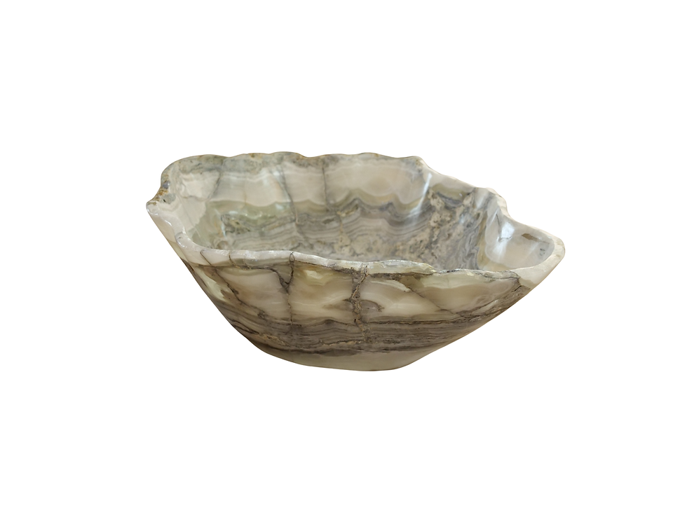 Thumbnail: Hand-carved Zebra Onyx bowl with natural banding in cream, taupe, gray, and charcoal tones. A sculptural decorative stone bow