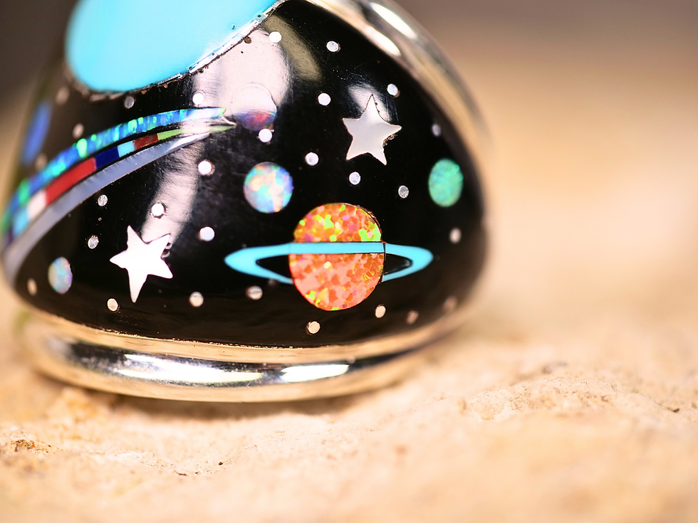 Thumbnail: zuni tradition men's ring, cosmic ring style, men's cosmic design, zuni ring trend, turquoise cosmic fashion,