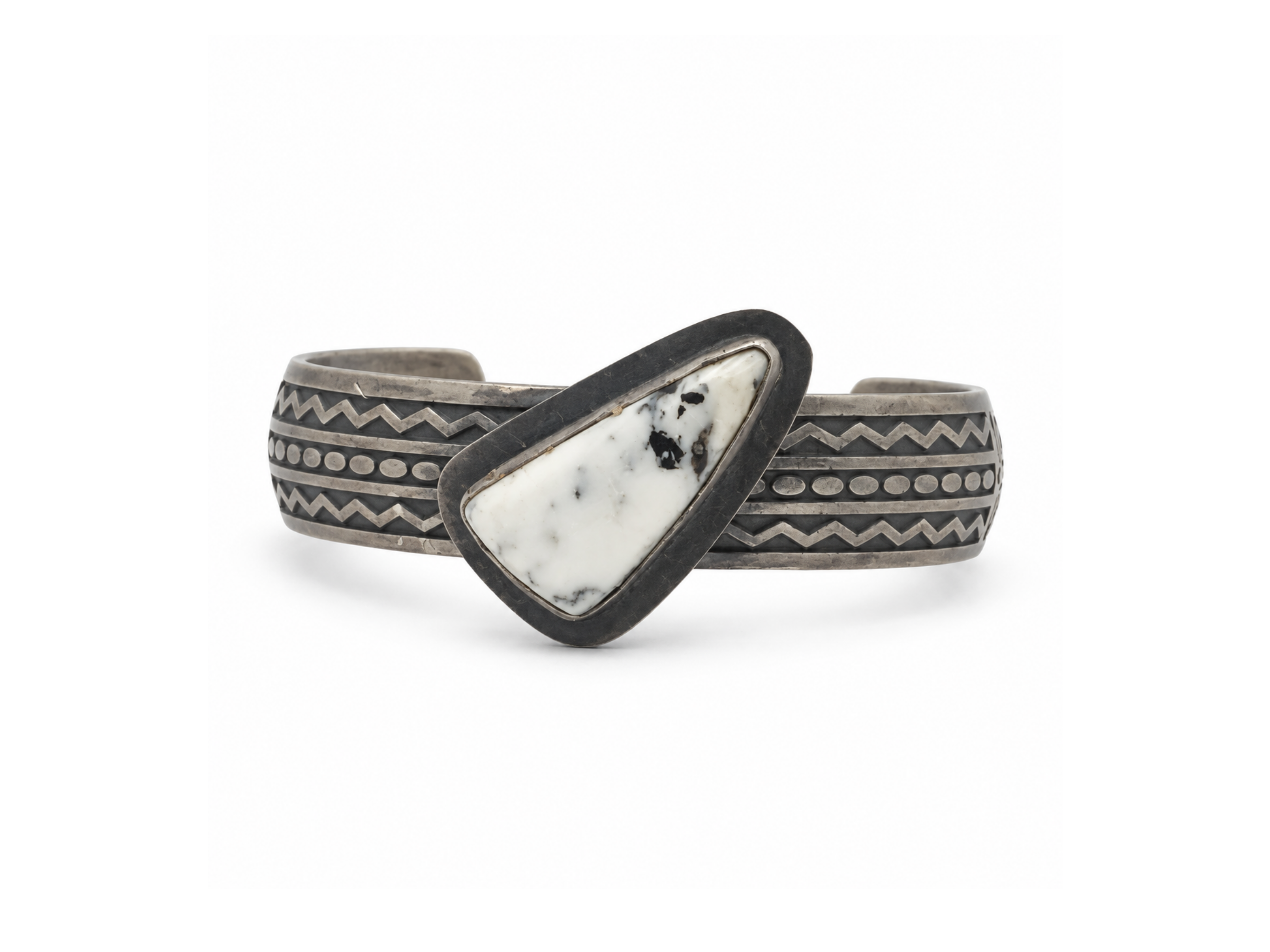 white buffalo cuff bracelet, freeform white buffalo bracelet, geometric patterned cuff bracelet, white buffalo cabochon jewel