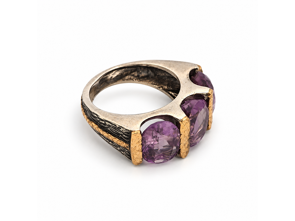 purple statement ring, faceted amethyst ring, textured silver ring, amethyst cocktail ring, gold plated accents, triple amet