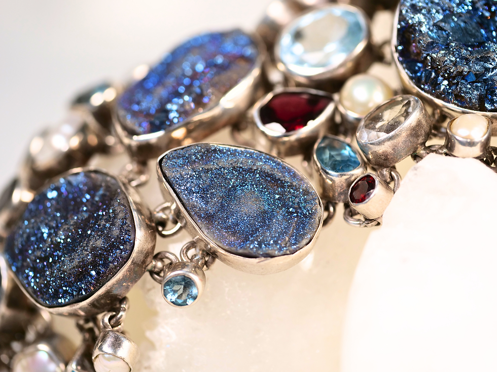 Thumbnail: Blue Topaz, Druzy, Pearl, and Garnet Bracelet