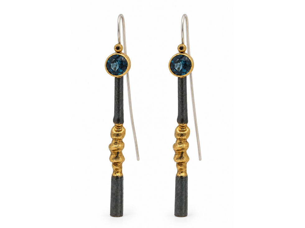 Thumbnail: BORA earrings, BORA drop earrings, blue topaz earrings, silver drop earrings, gold plated accents, long dangle earrings, roun