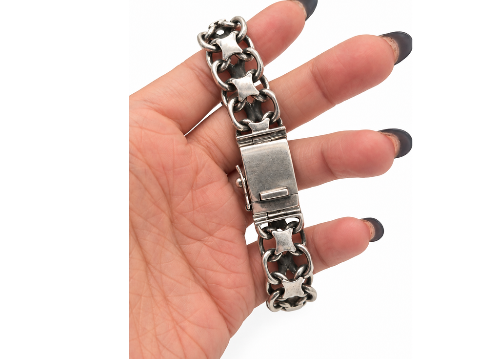 Thumbnail: scrollwork jewelry, silver chain bracelet, decorative bar bracelet, floral motif bracelet, champagne colored accents, silver