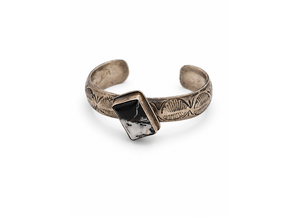 Thumbnail: etal cuff bracelet, bold White Buffalo cuff, monochrome stone bracelet, bezel set White Buffalo bracelet, black white stateme