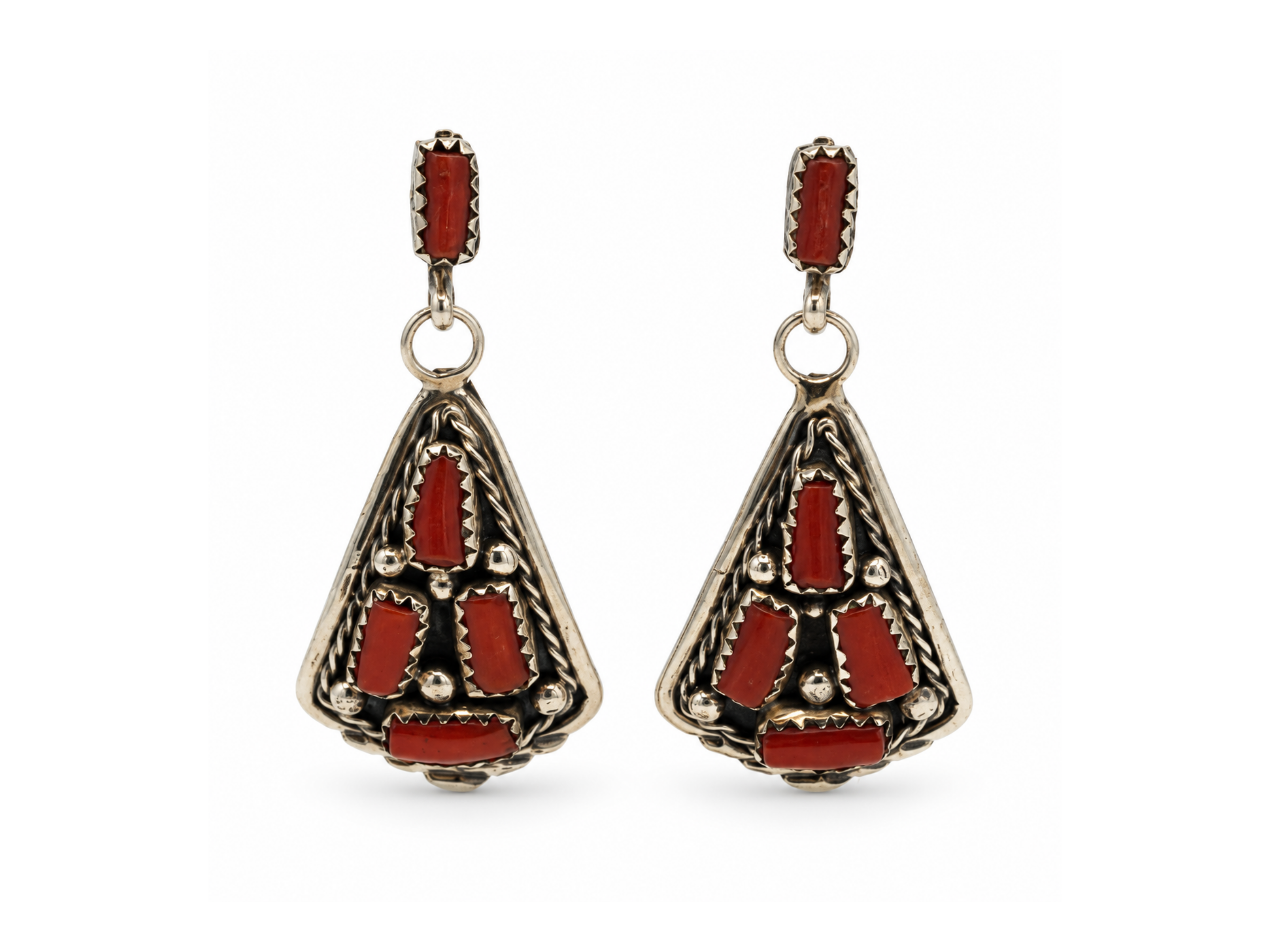 red coral earrings, Native American made earrings, coral drop earrings, Western earrings,