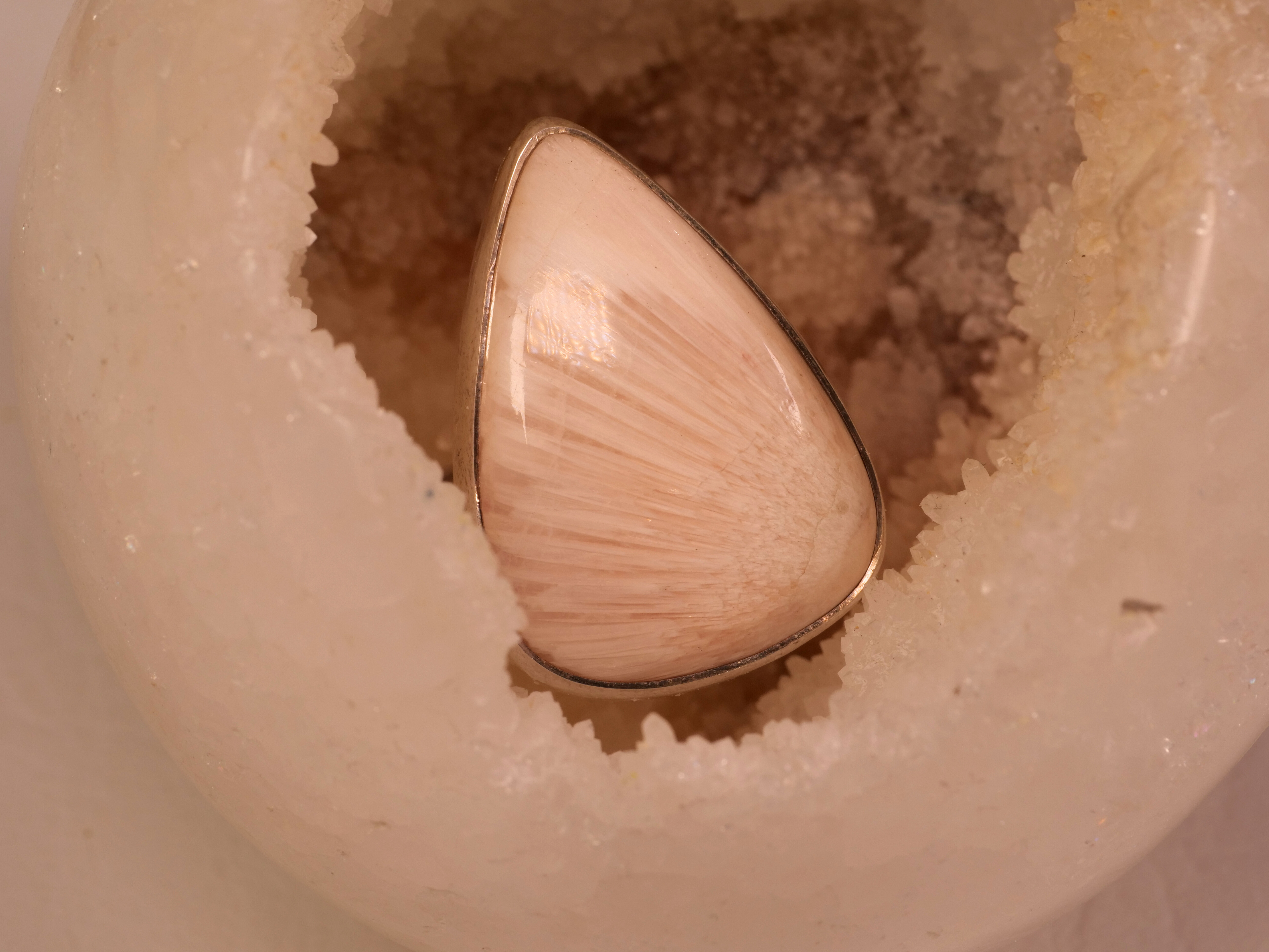peach, scolecite, ring, gemstone, peach scolecite, teardrop, unique, sunburst, calming, soothing, silver setting, sleek, eleg