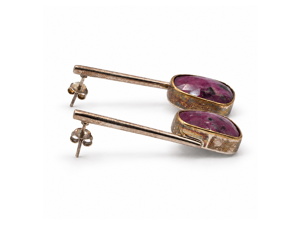long bar earrings, geometric drop earrings, sculptural silver earrings, freeform ruby earrings, gold tone bezel earrings,