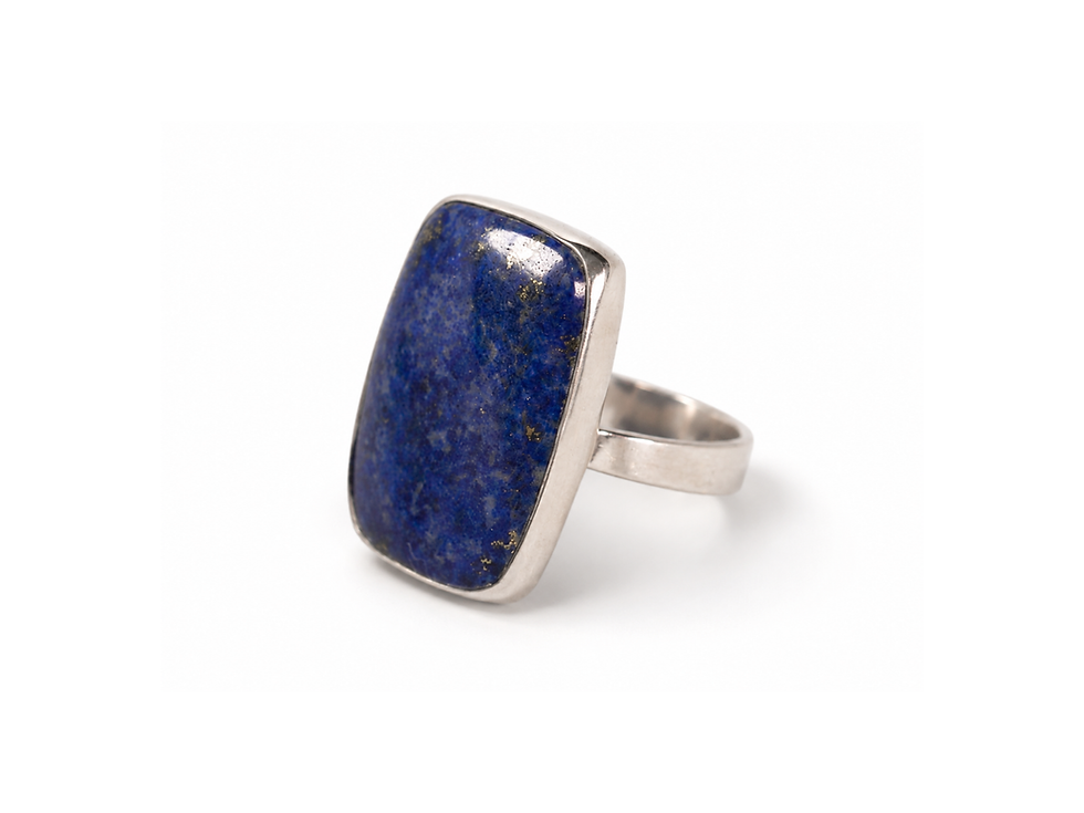Lapis Lazuli Deep blue stone Golden pyrite flecks Adjustable ring Silver band Celestial blue Elegant jewelry