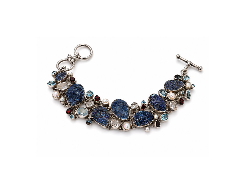 Thumbnail: his stunning bracelet features an intricate design combining shimmering Blue Topaz, sparkling Druzy, luminous Pearls, and dee
