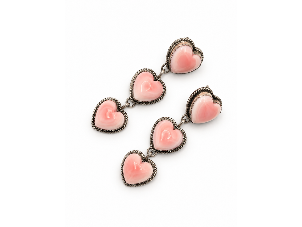 three heart earrings, heart shaped shell earrings, pink statement earrings, blush pink earrings, romantic heart jewelry, long
