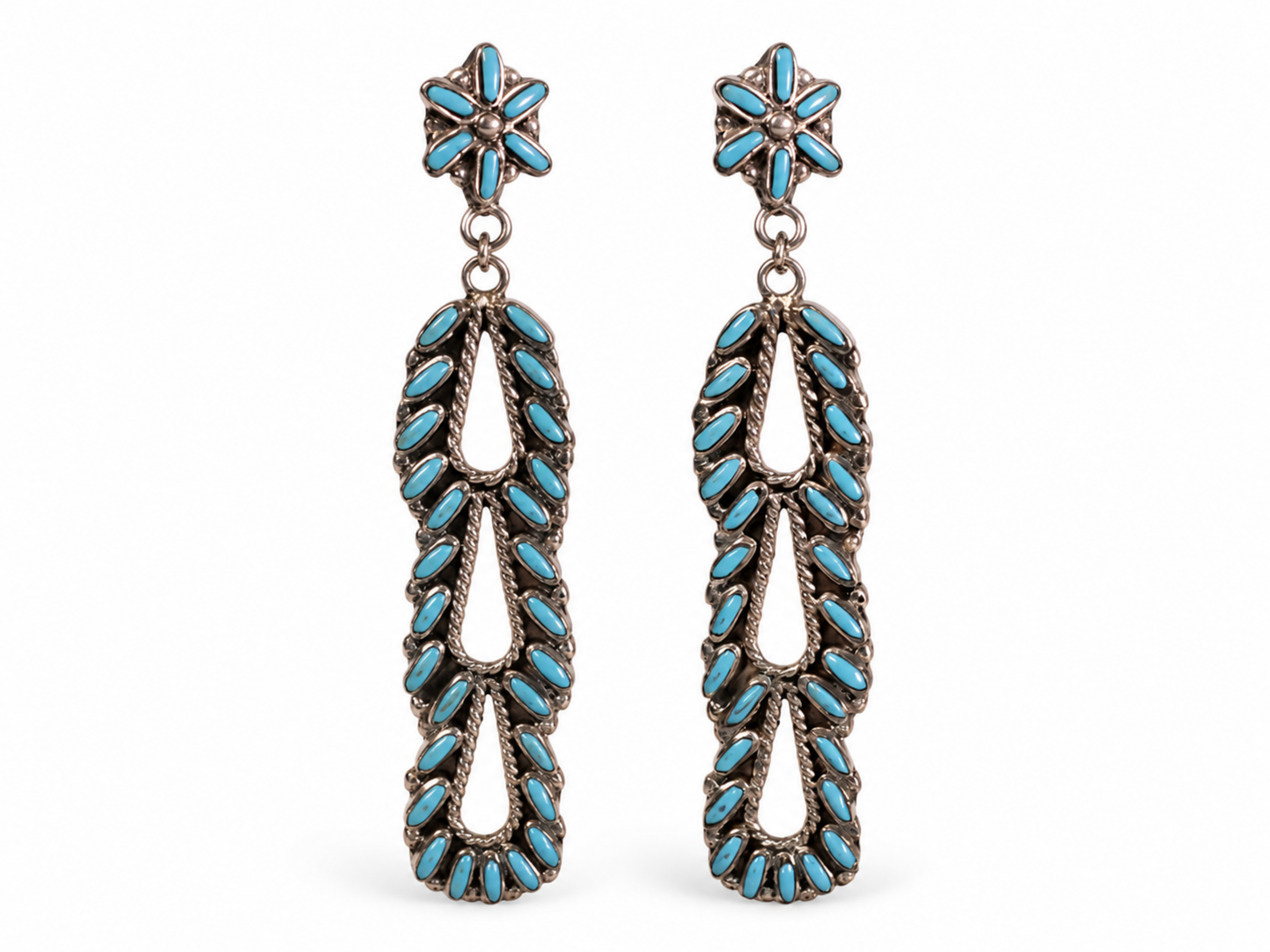 turquoise cascade earrings, sterling silver, handcrafted jewelry, turquoise stones, cascading earrings, bold earrings