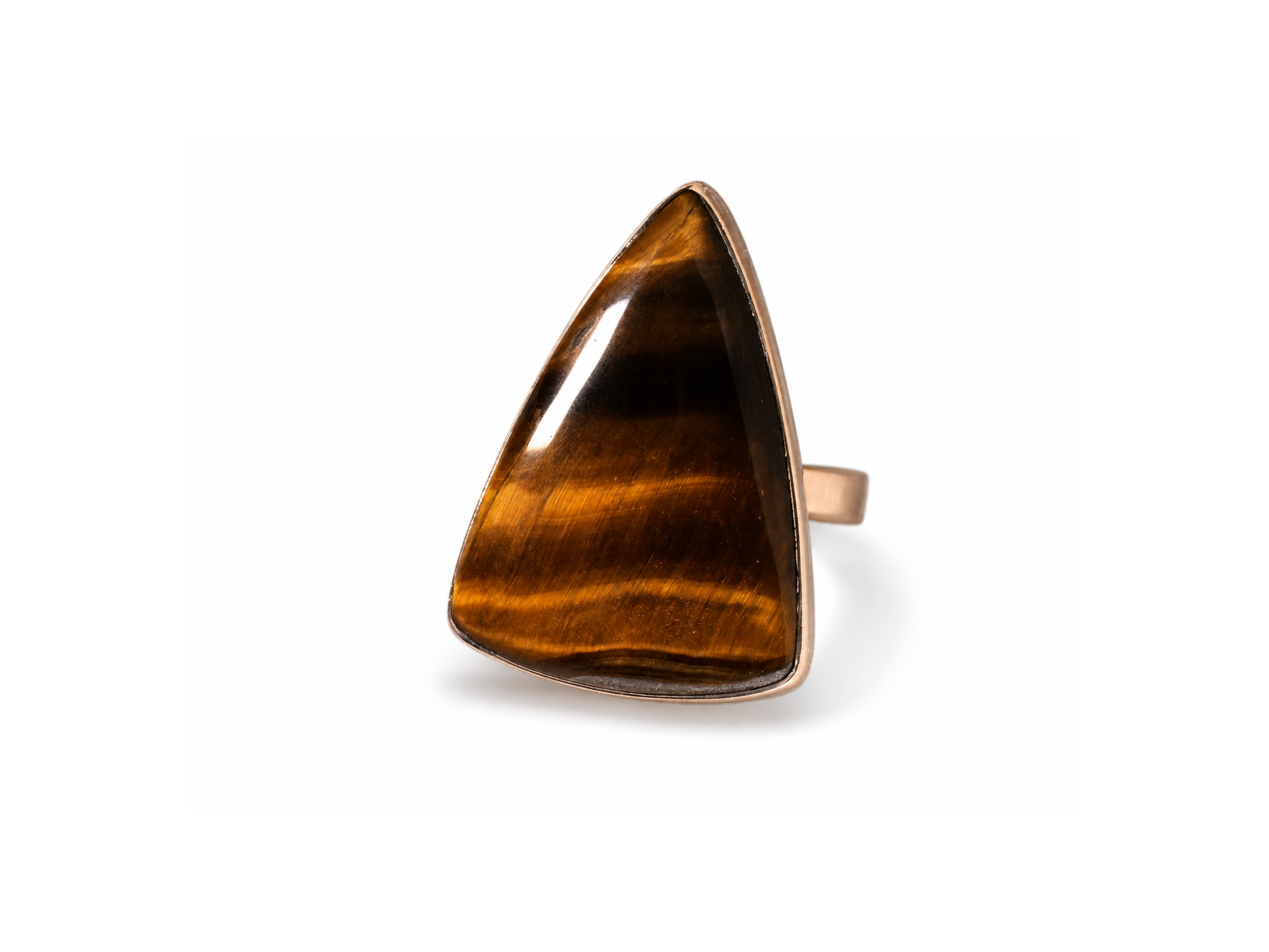 tiger's-eye, yellow, gemstone, ring, silver, triangular, cut, polished, setting, chatoyant, bands, warm, golden, brown, earth