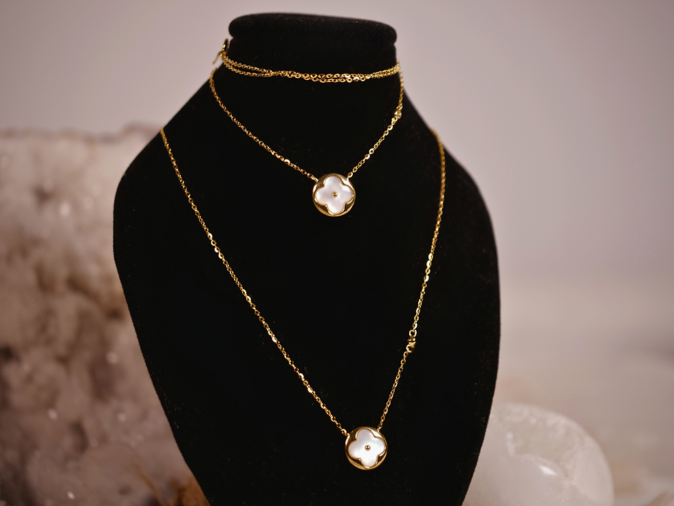Thumbnail: mother of pearl meaning, calming crystal jewelry, white clover necklace, minimalist gold
