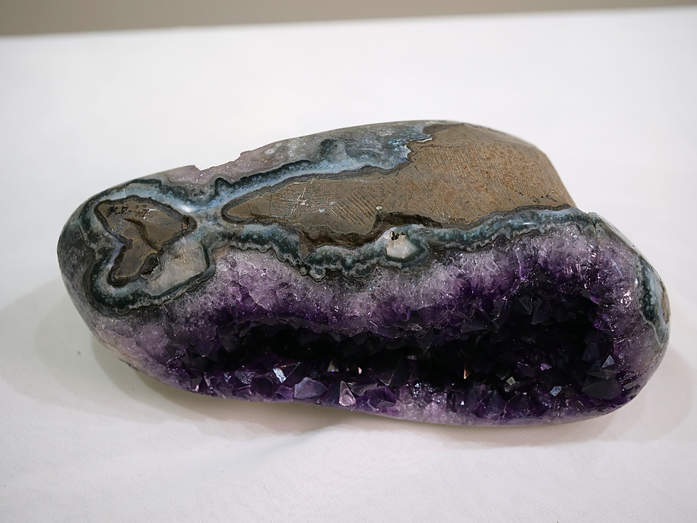 Thumbnail: raw crystals, polished geode, agate bands, grey agate, blue agate, earthy agate, natural stone, home decor