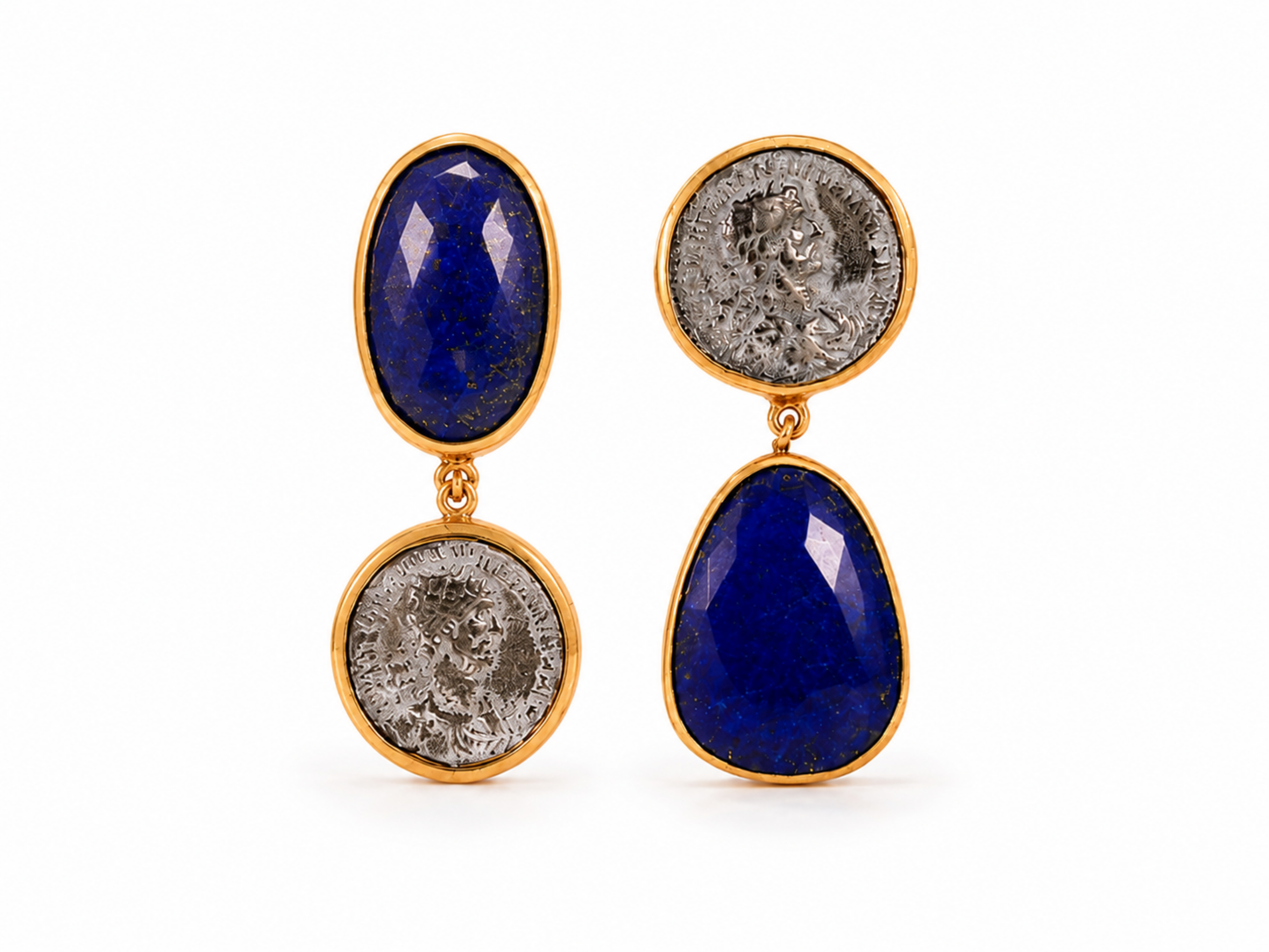 ancient greek coin earrings, lapis lazuli earrings, gold dangle earrings, historical jewelry, roman
