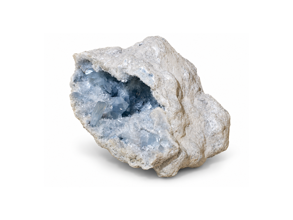 blue celestite, celestite cave, crystal geode, pale blue, crystal chambers, mineral specimen, sparkling crystals, cream shell