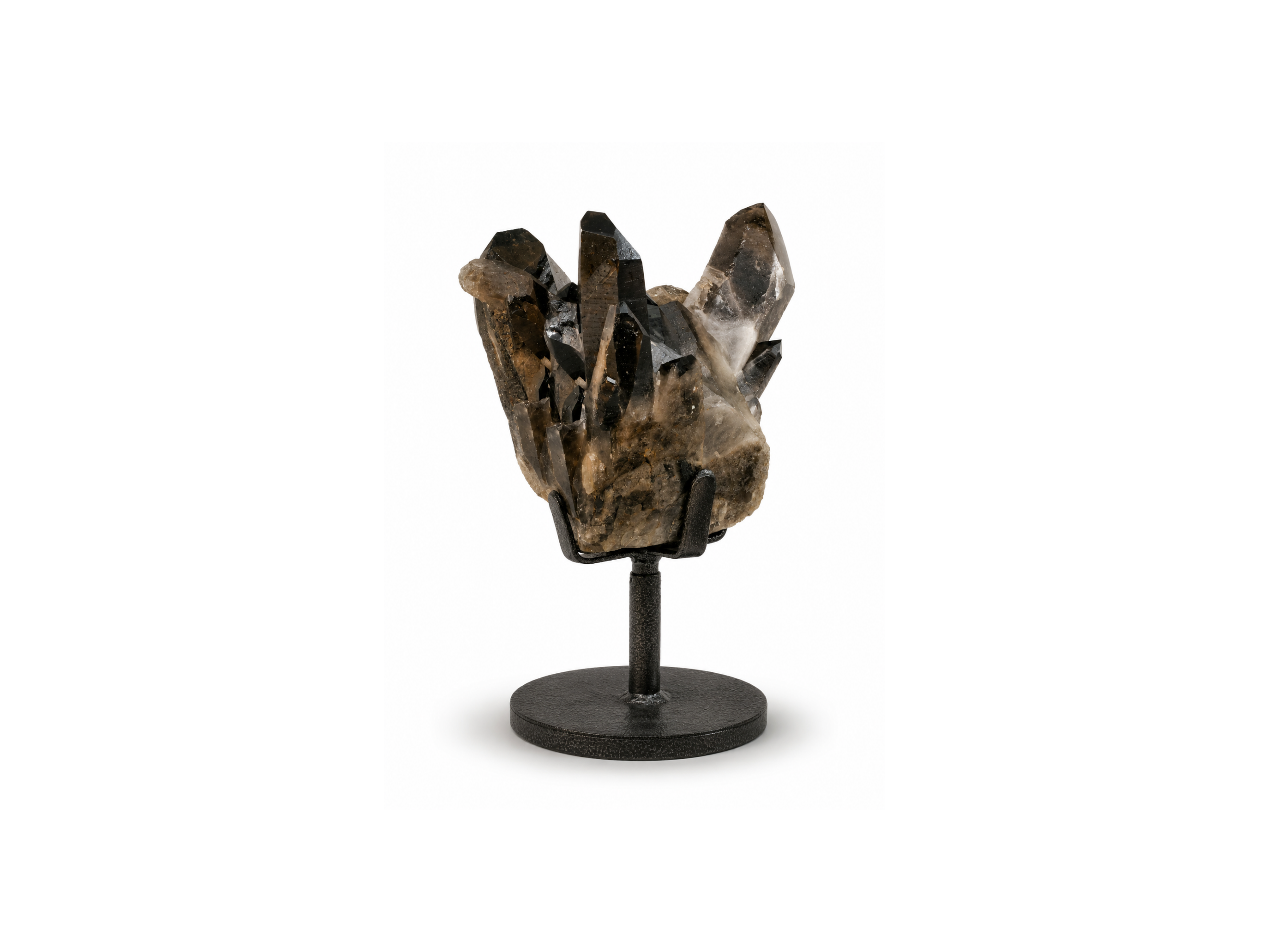 smoky quartz crystal, smoky quartz on stand, rotating crystal stand, spinning crystal display, smoky crystal specimen,