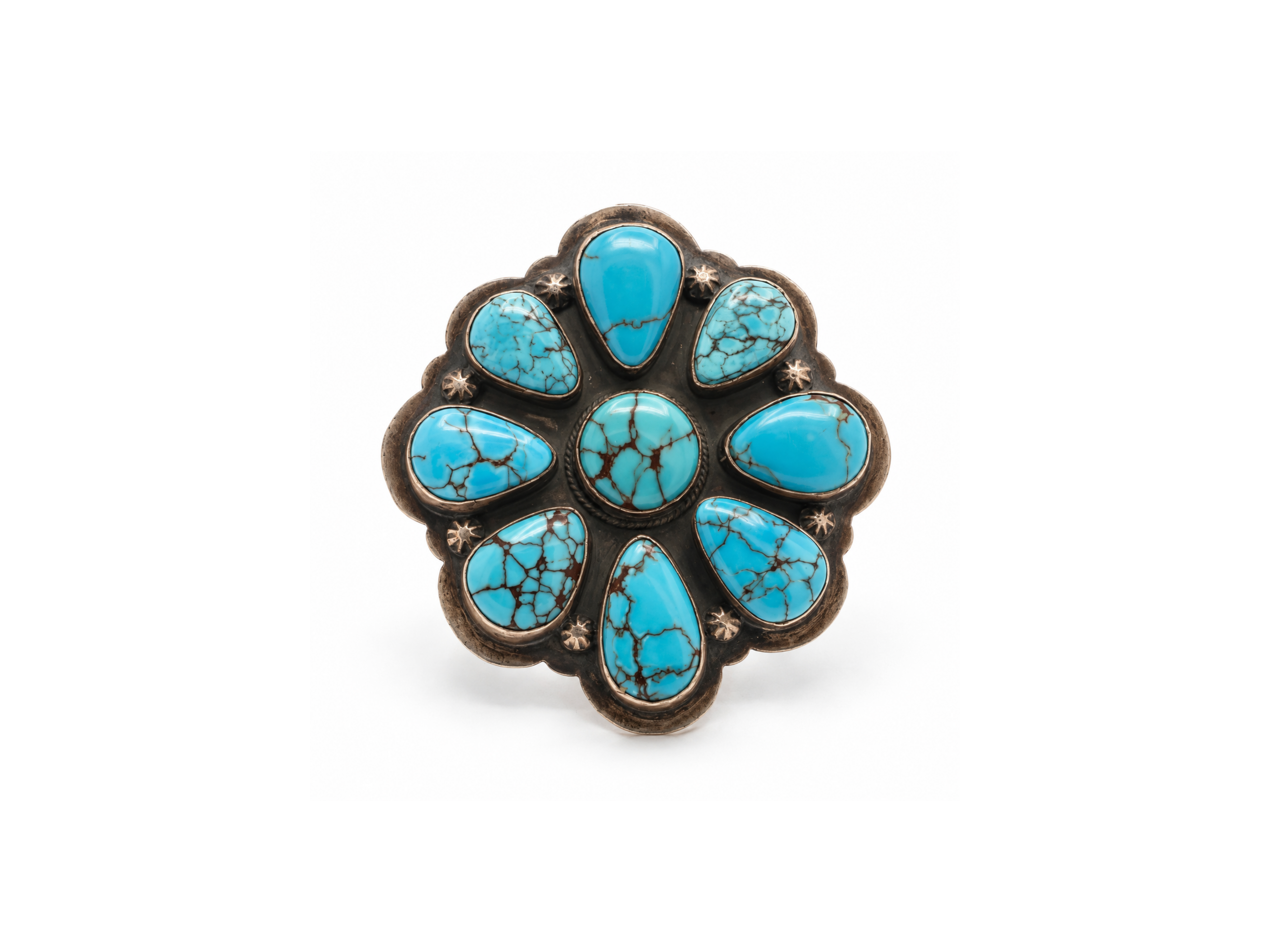 western turquoise ring, turquoise cluster ring, turquoise flower ring, large turquoise statement ring, nine stone turquoise r