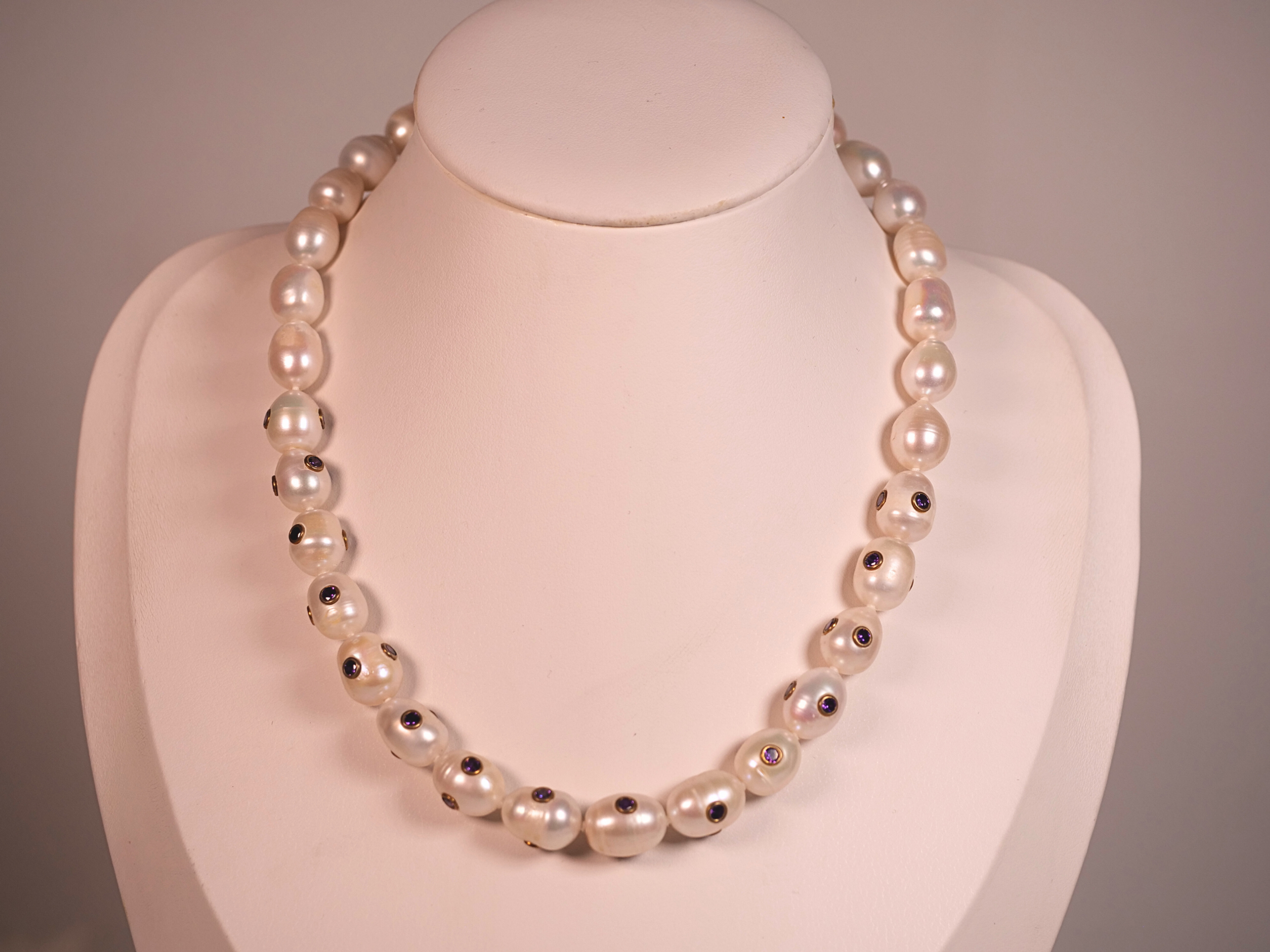 freshwater pearl necklace purple stone necklace pearls with amethyst inlay gold bezel pearl necklace modern pearl jewelry