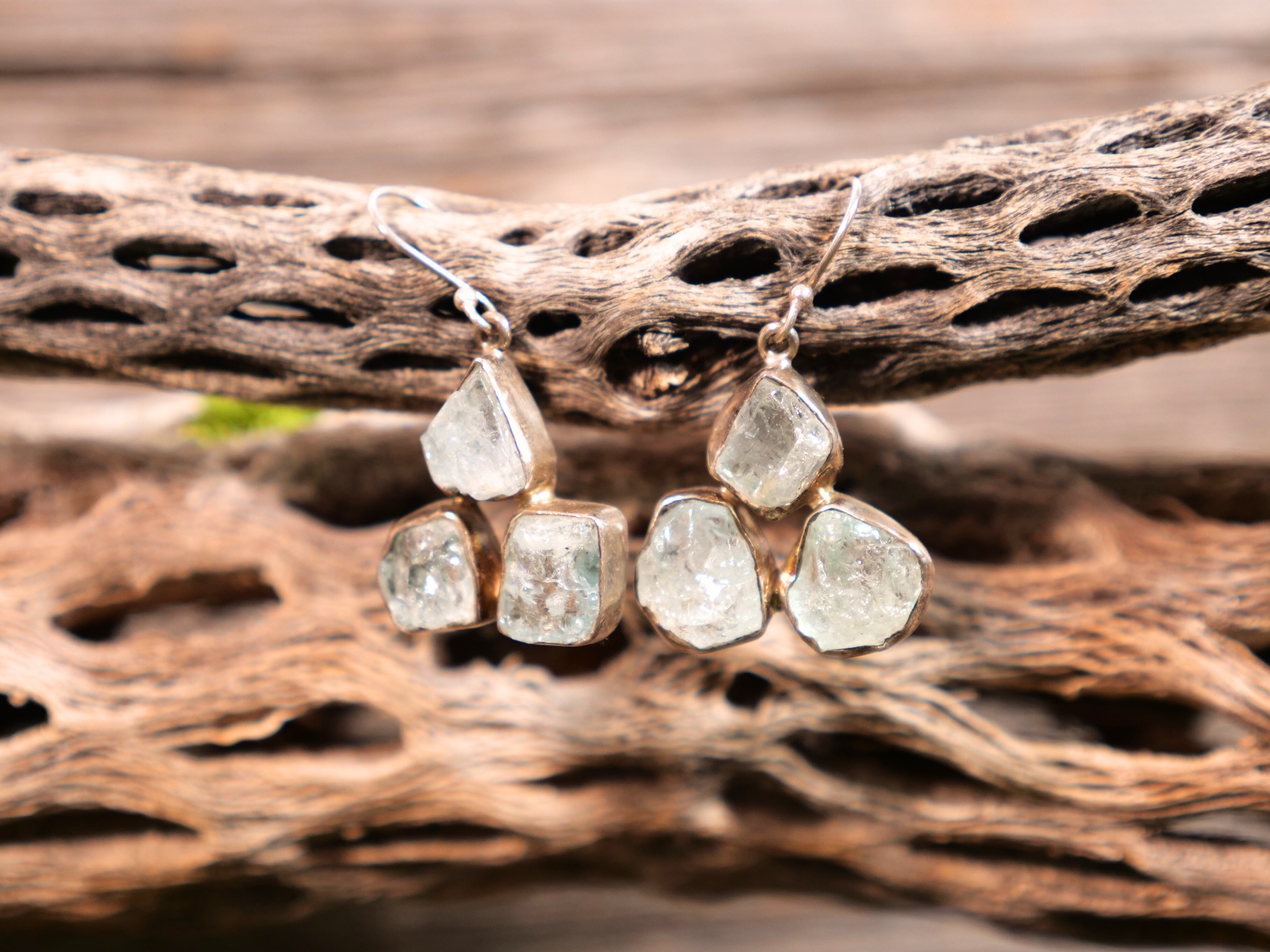 Raw Aquamarine Tri-Stone Earrings