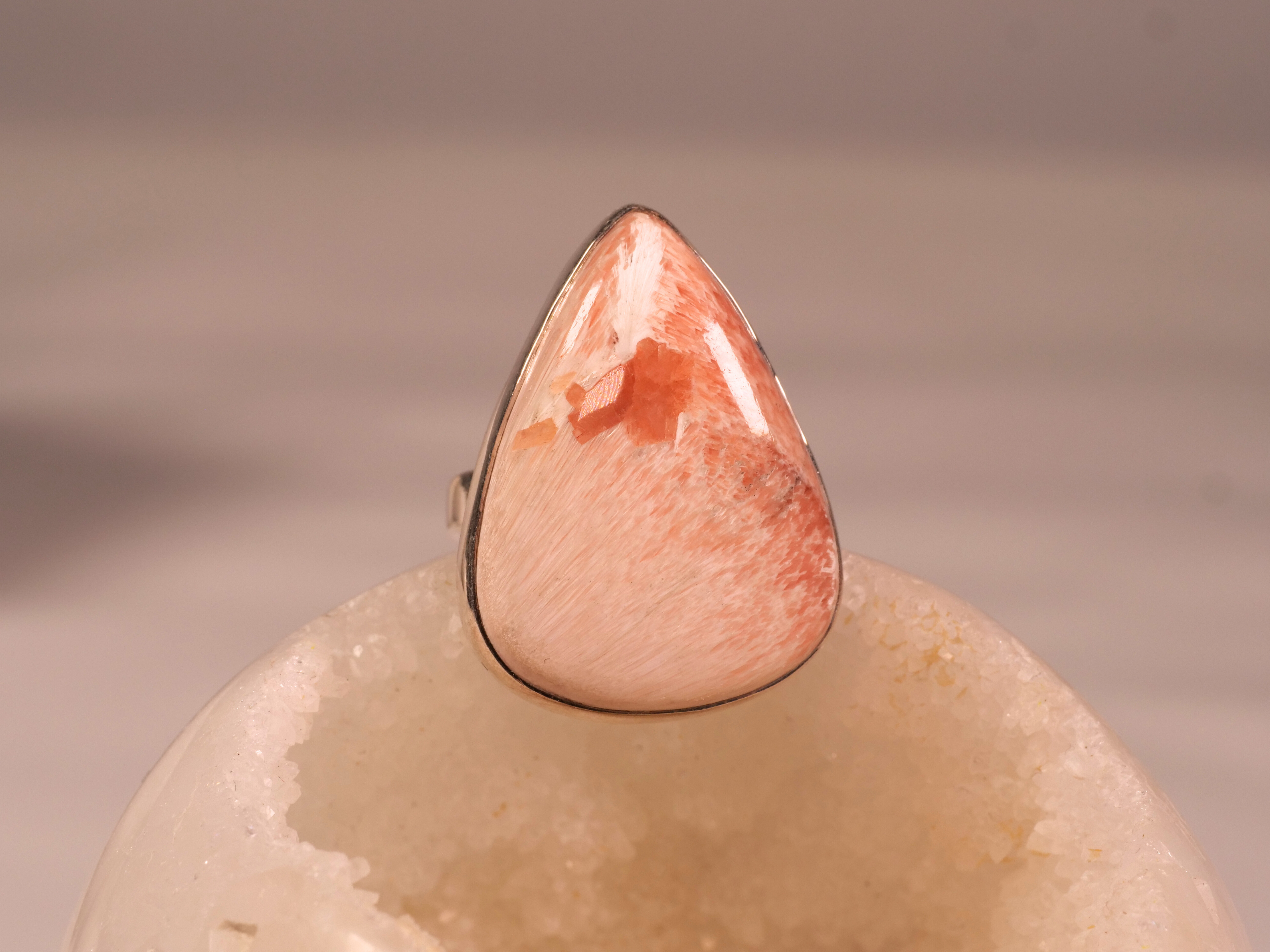 peach, scolecite, ring, gemstone, peach scolecite, teardrop, silver, band, elegant, calming, serene, natural beauty, soft to