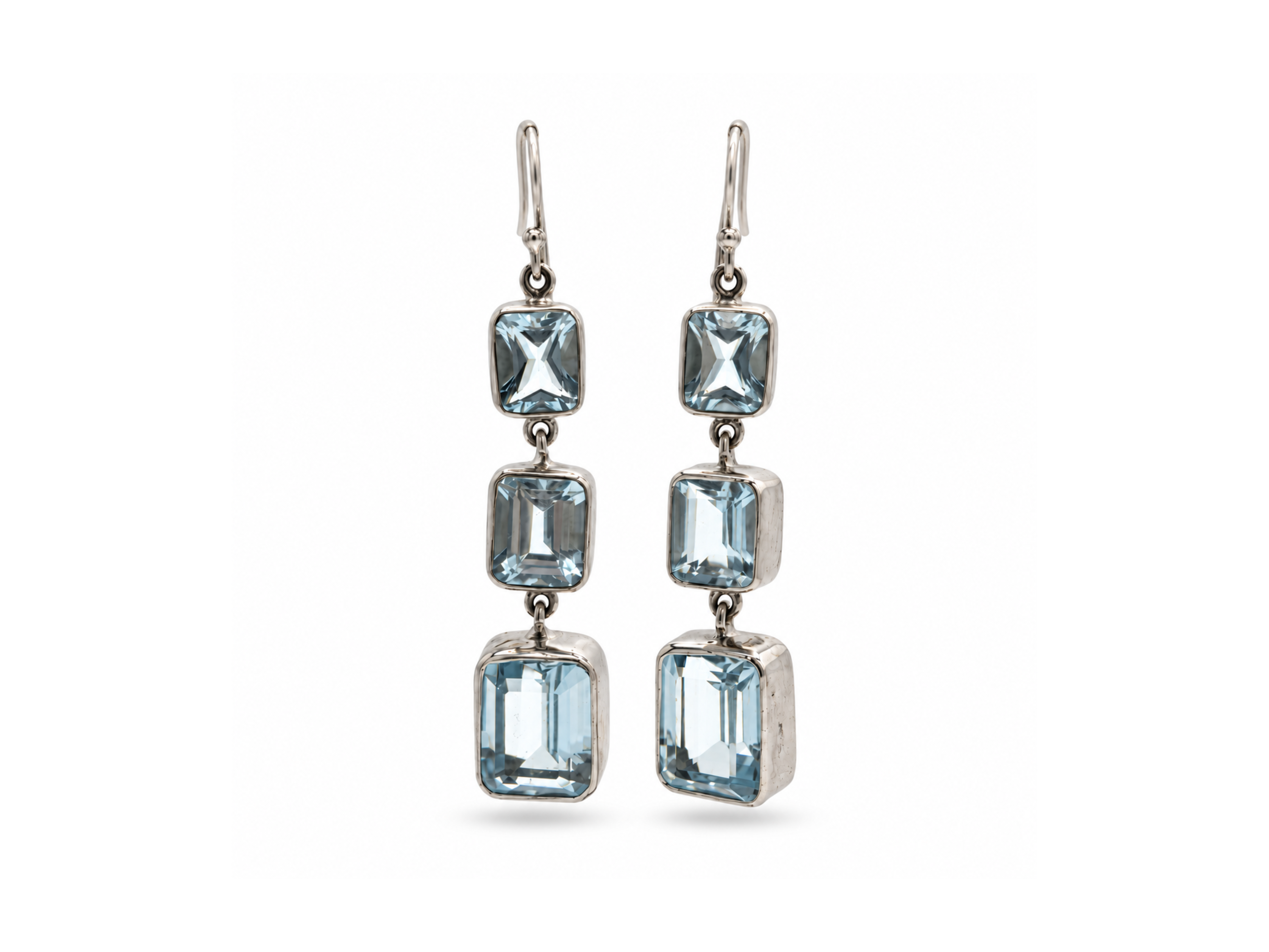 blue topaz earrings, blue topaz drop earrings, blue topaz dangle earrings, rectangular blue topaz earrings, three stone topaz