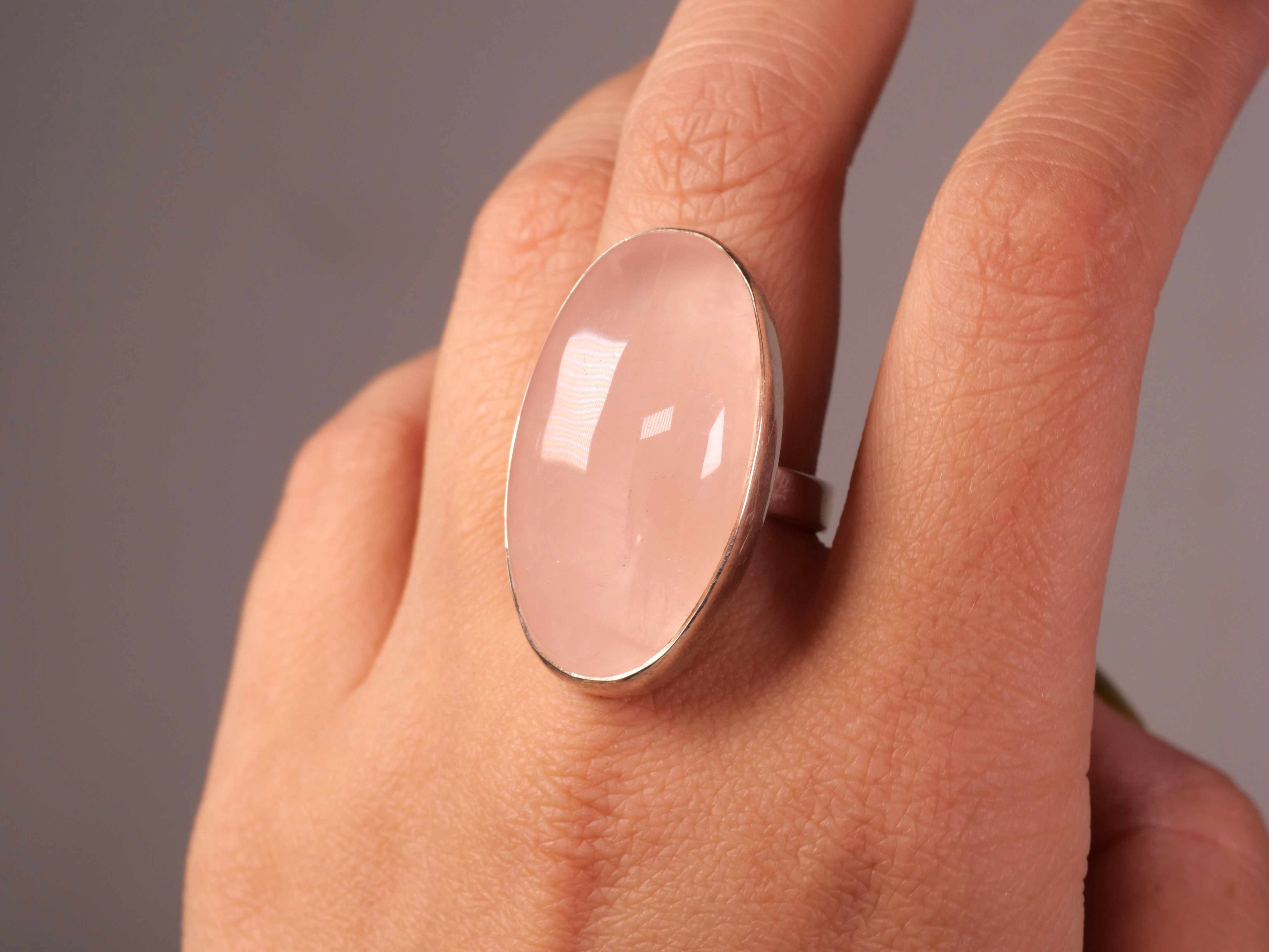 pink quartz, ring, gemstone, oval, quartz ring, blush pink, silver band, polished, delicate, romantic,