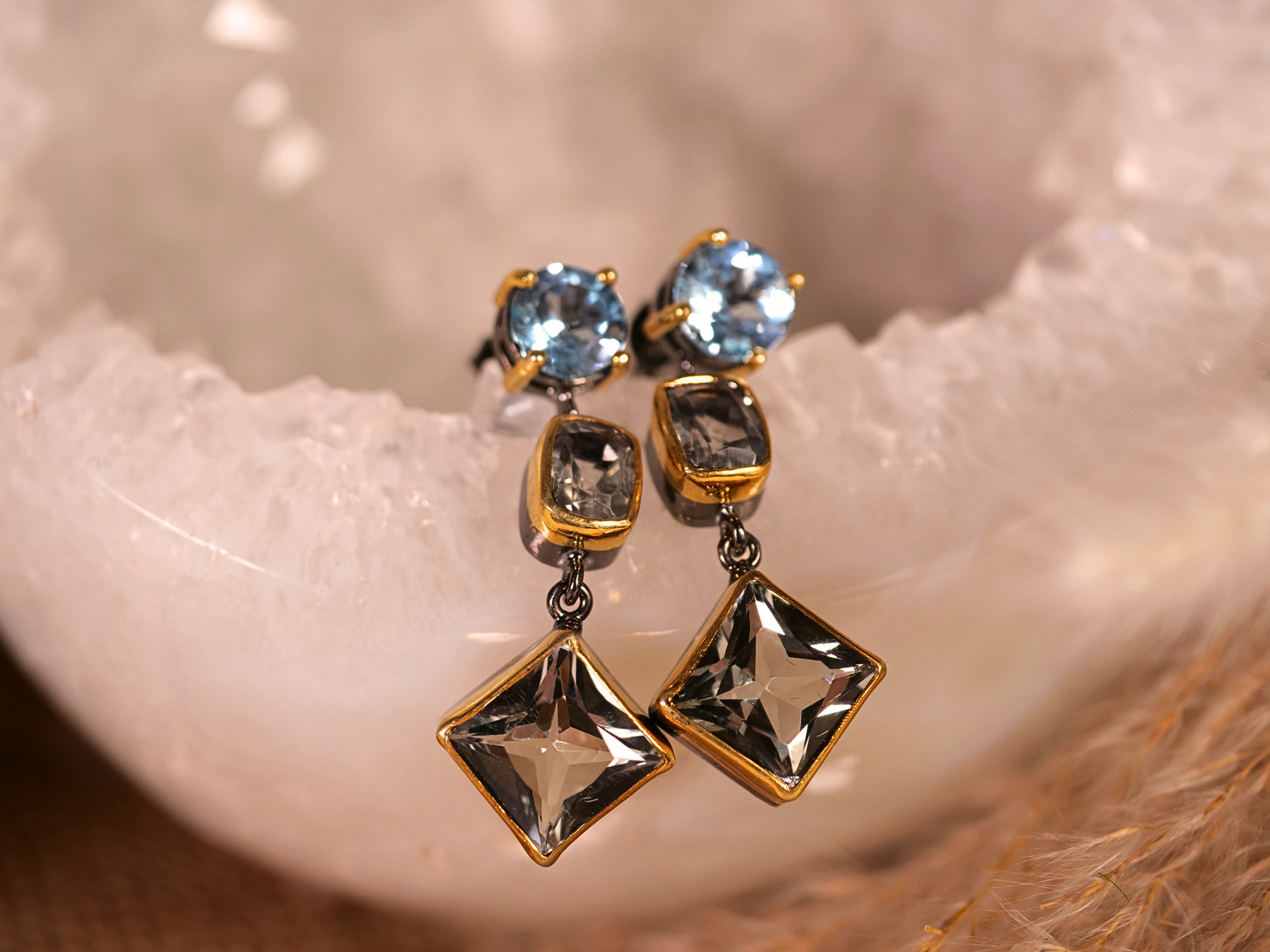 gold and silver earrings, two-tone earrings, mixed metal jewelry, blue topaz earrings, green amethyst earrings, gemstone earr