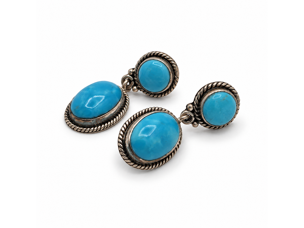 Thumbnail: rope border earrings, round and oval earrings, bezel set turquoise earrings, turquoise cabochon earrings, turquoise