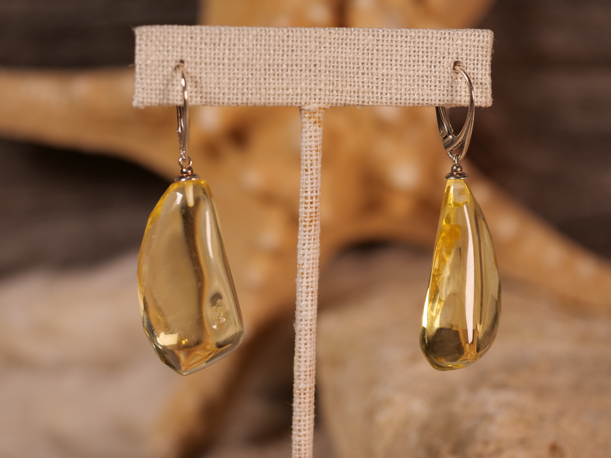 yellow amber earrings, amber raw shape earrings, polished amber earrings, translucent yellow
