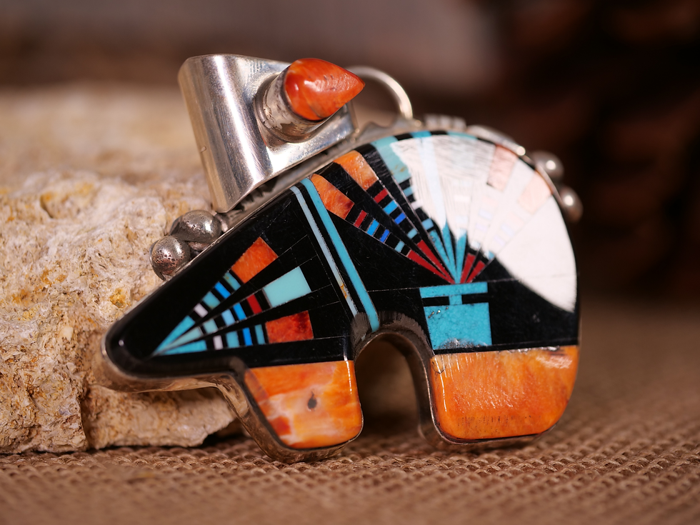 Thumbnail: radiant inlay pendant, spiritual native american jewelry, turquoise and oyster bear pendant,