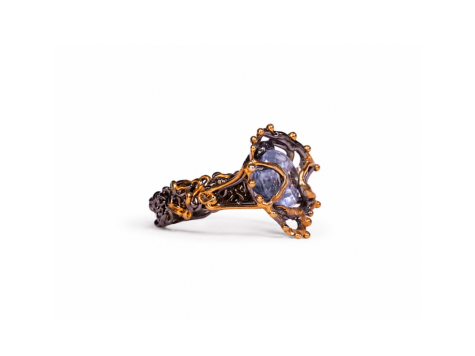 blue topaz, oval, faceted, oxidized silver, gold accents, claw-set, openwork, sculptural, statement, boho
