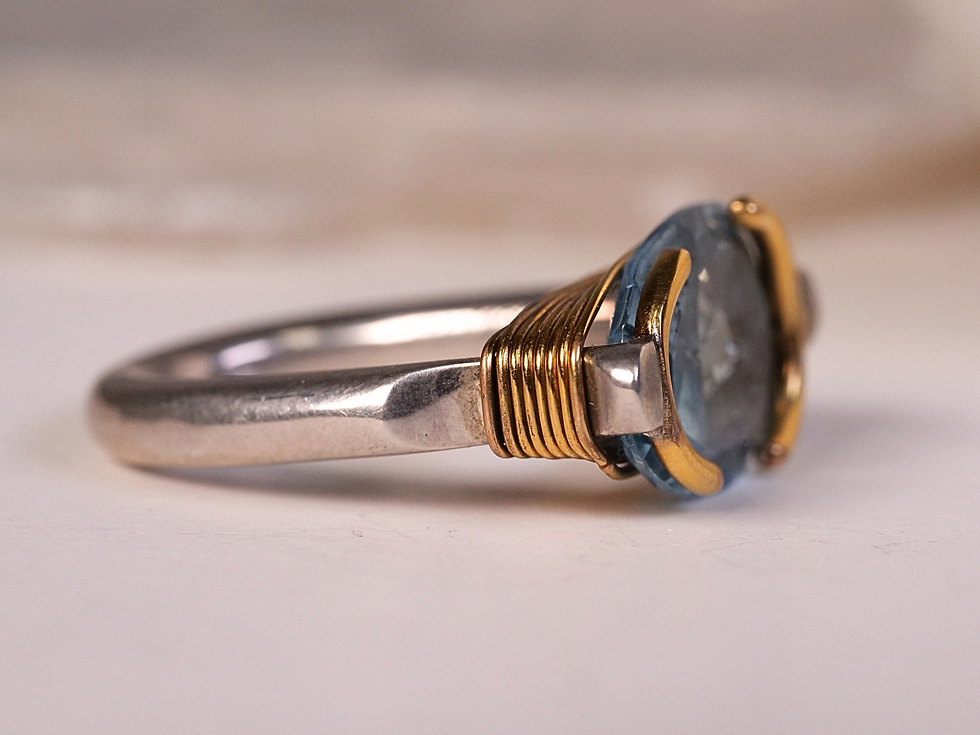 horizontal set stone, east west setting ring, two tone ring, mixed metal ring, silver and gold ring, gold