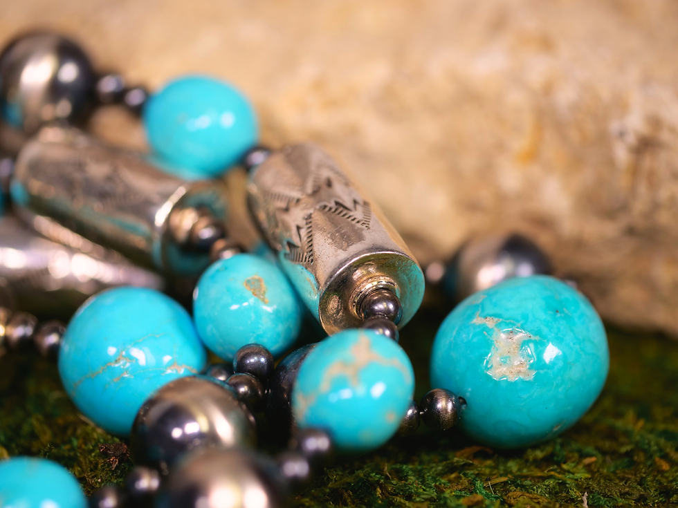 Thumbnail: traditional navajo style, silver turquoise necklace, navajo silversmithing, turquoise bead necklace, oxidized silver,