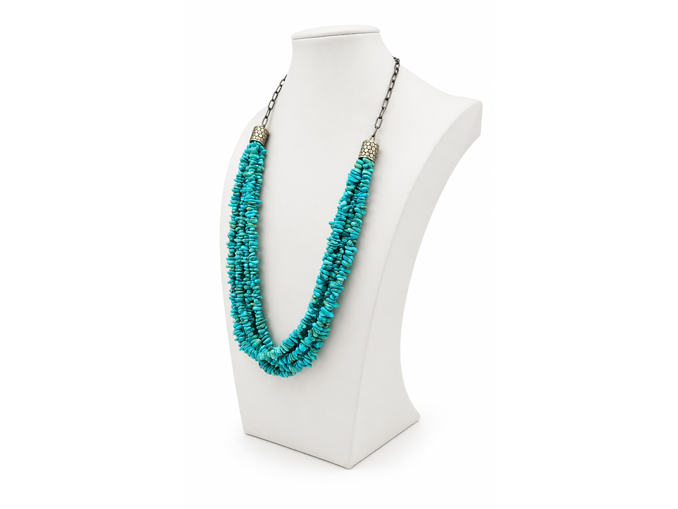Thumbnail: blue statement jewelry, multistrand fashion necklace, decorative barrel caps, blue layering necklace, bohemian bead
