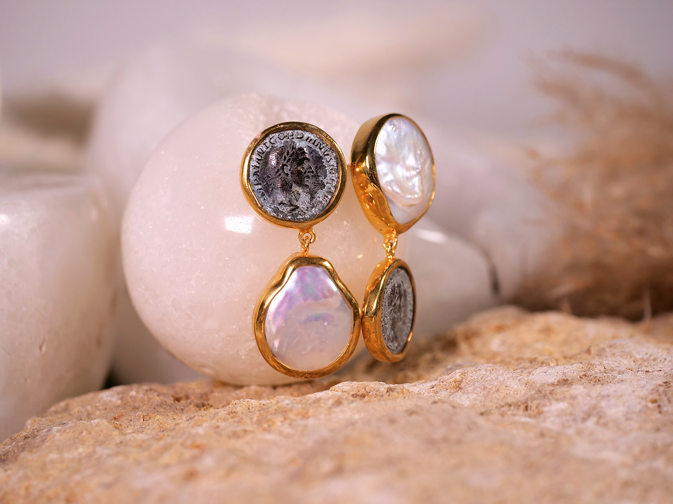Thumbnail: historical artifact earrings, pearl gem earrings, high-end coin jewelry, limited edition earrings