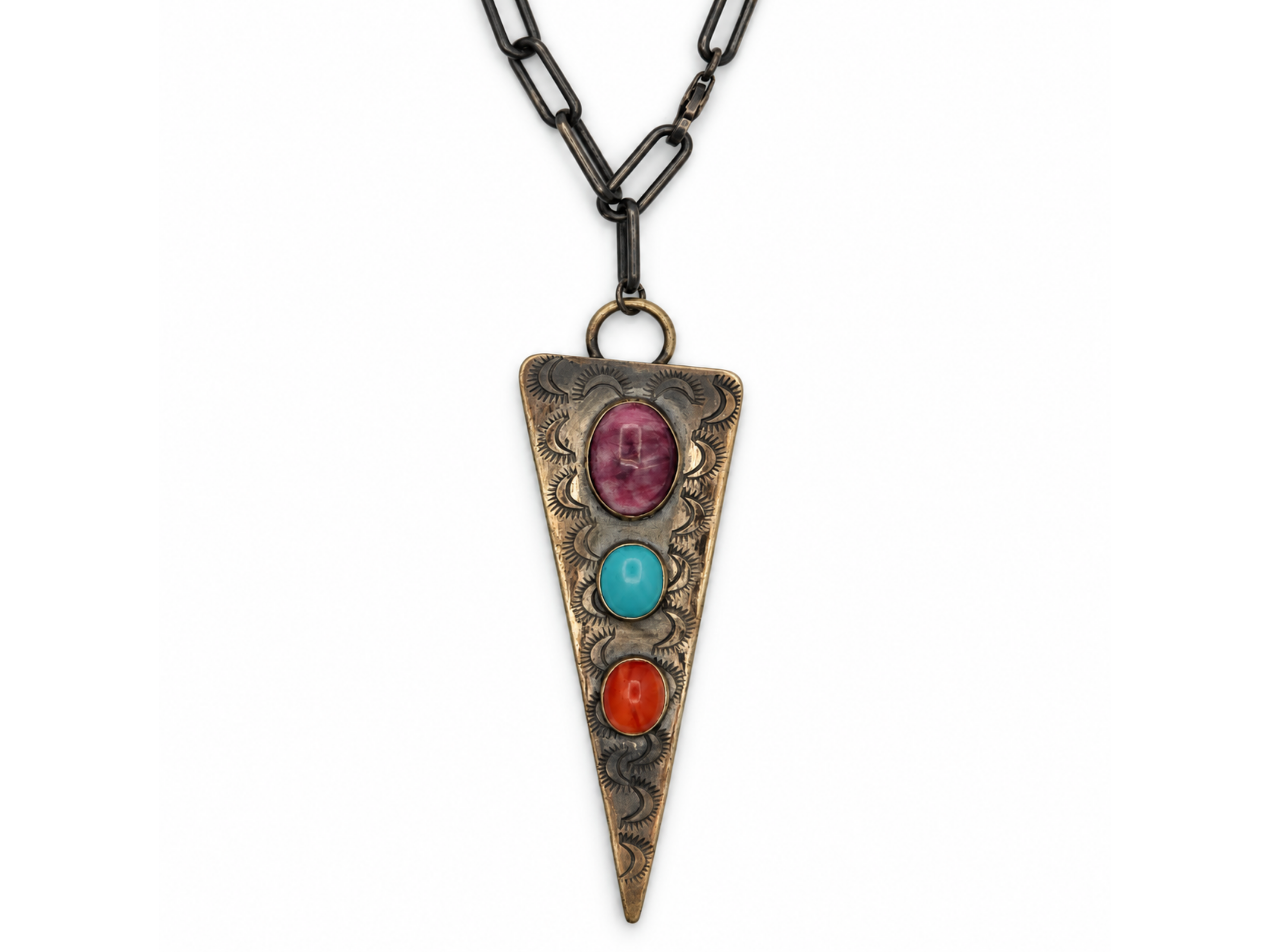 urquoise coral pendant, purple spiny oyster pendant, turquoise and spiny oyster jewelry, red coral pendant, triangle pendant,