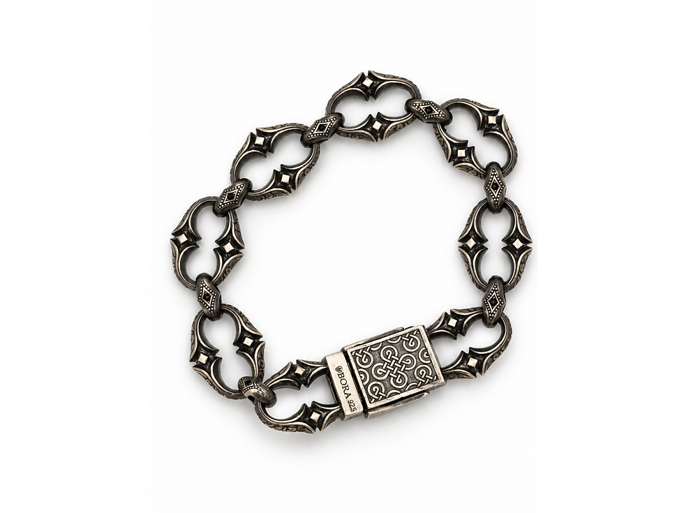 Thumbnail: BORA designer jewelry, silver scrollwork bracelet, decorative silver links, darkened silver bracelet, statement silver jewel