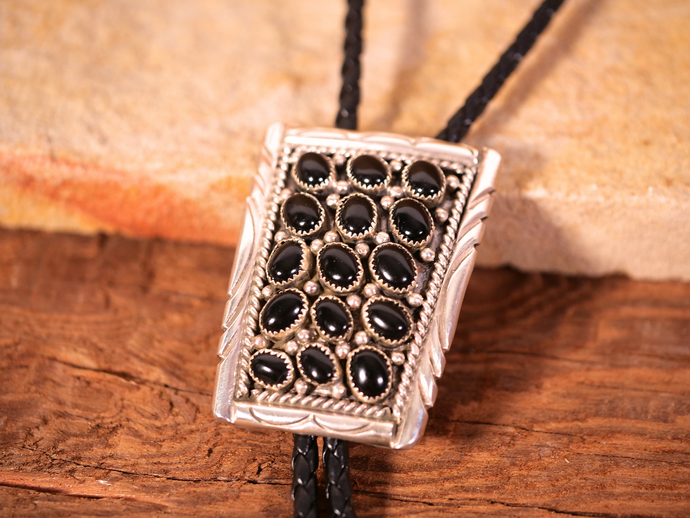 Thumbnail: fashion accessory minimalist bolo tie native jewelry black crystal bolo silver rope detail bolo silver frame